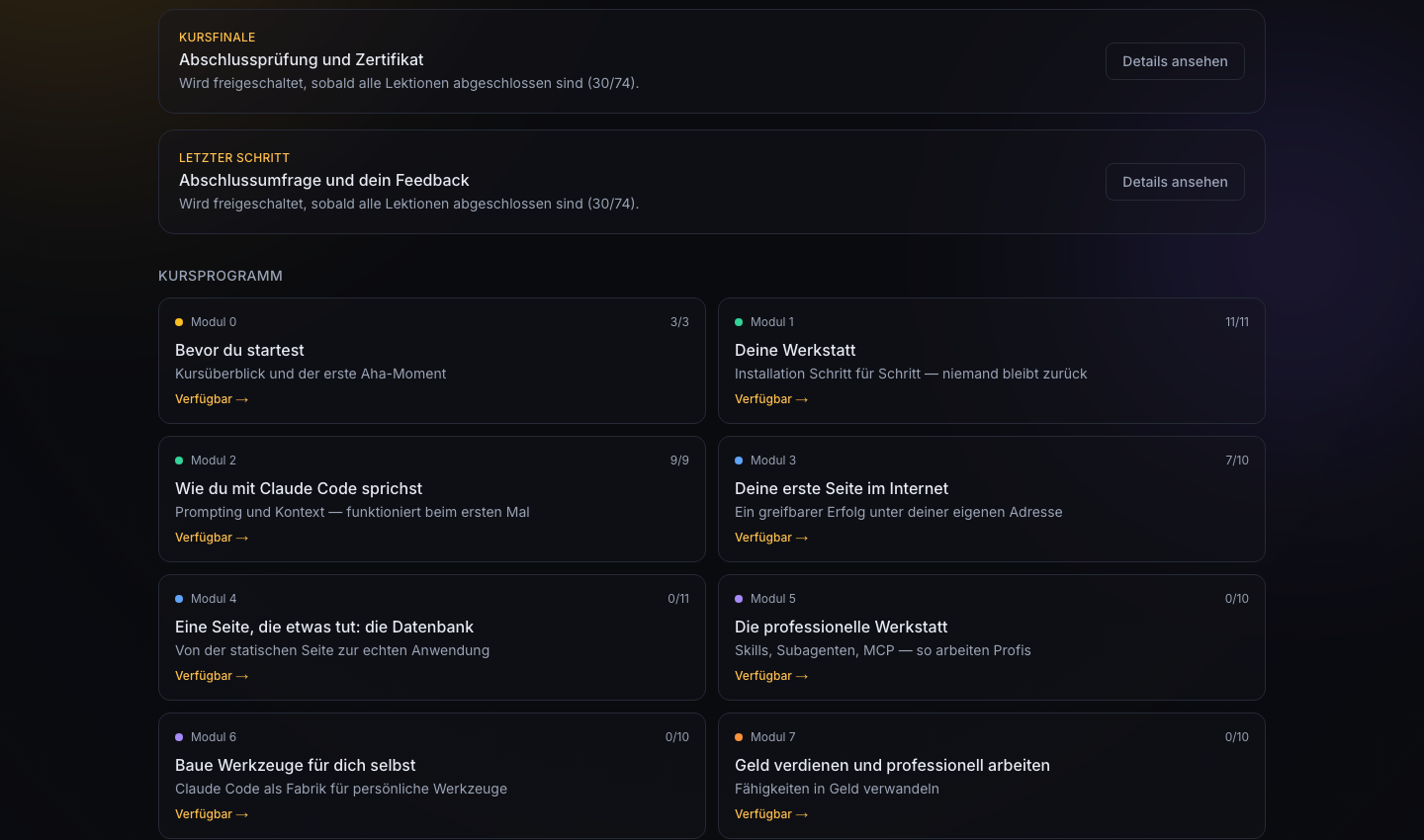 Kursbereich: Fortschrittsbalken und acht Module auf einem Bildschirm