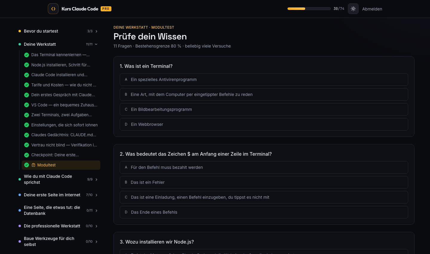 Modultest mit Single-Choice-Fragen