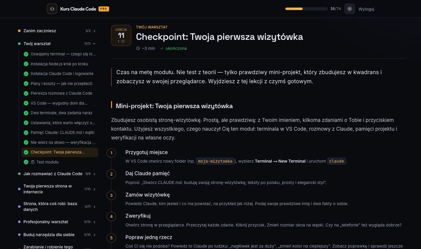 Ekran lekcji: program kursu po lewej, treść po prawej